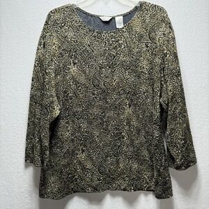 Laura Ashley Shirt Womens 2X Gold Black Metallic Geometric Tunic Top Stretch